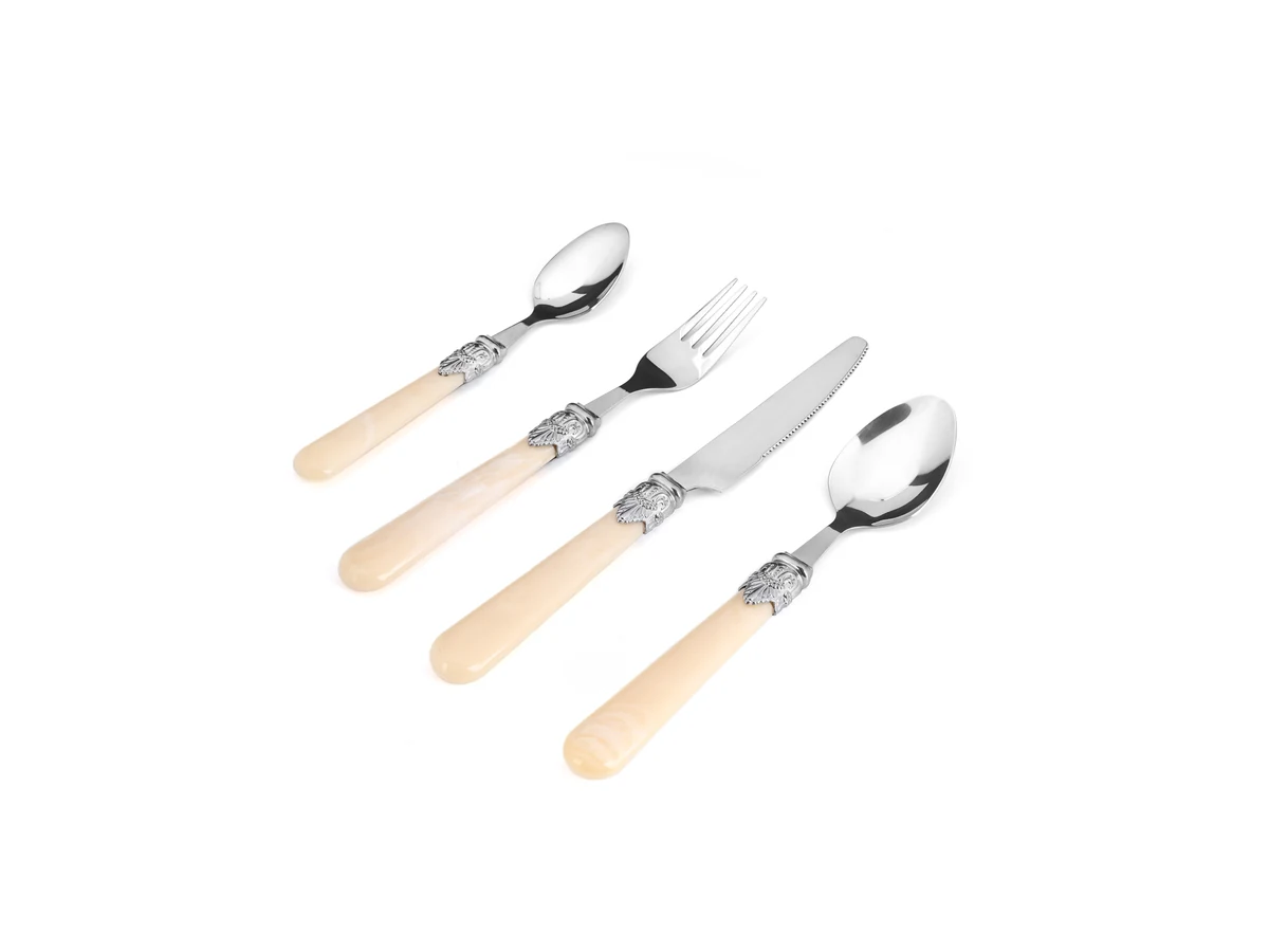 Ivory-handle stainless steel cutlery set with decorative metal collars