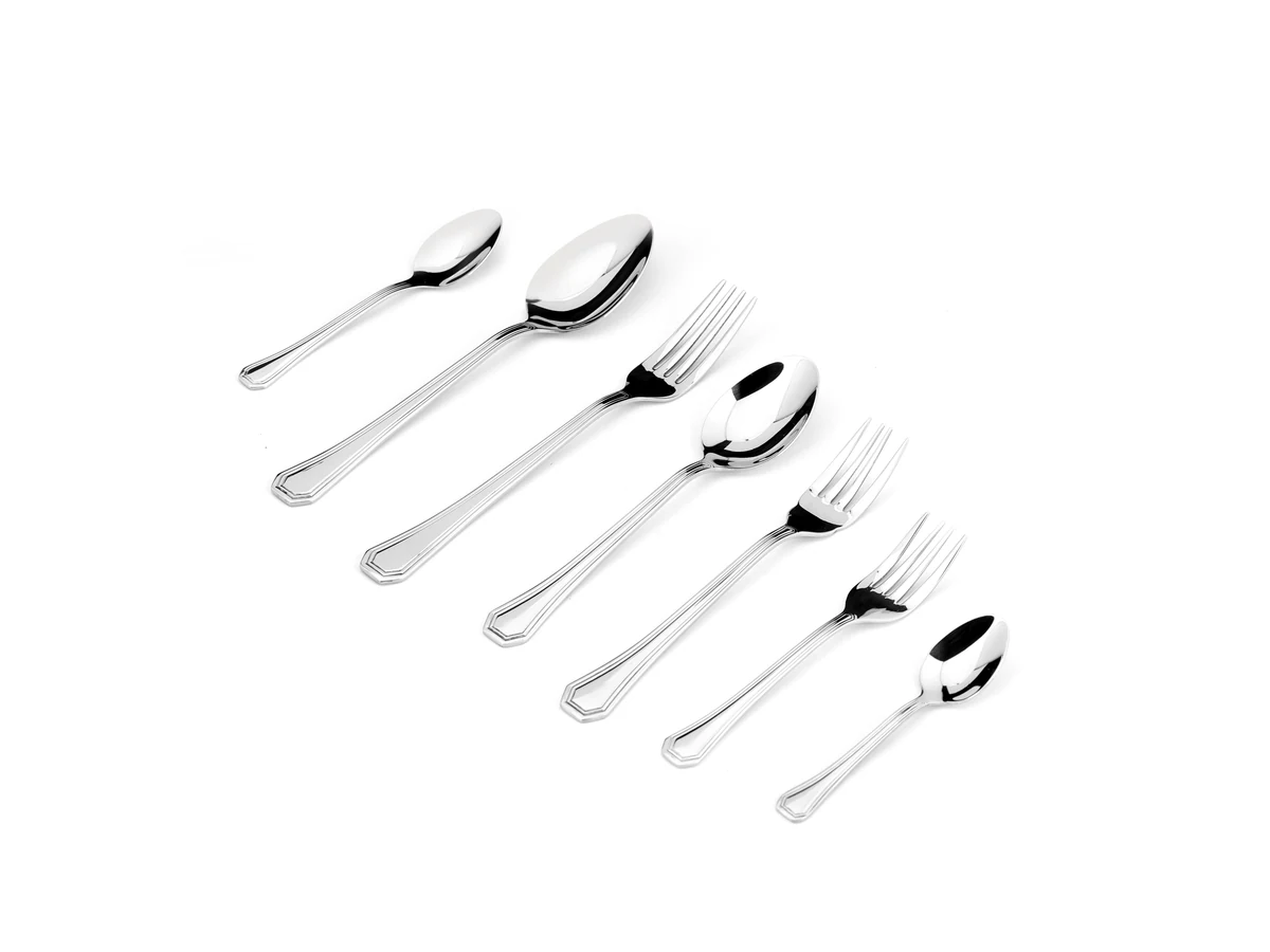 Streamlined Slender stainless steel flatware assortment on white background