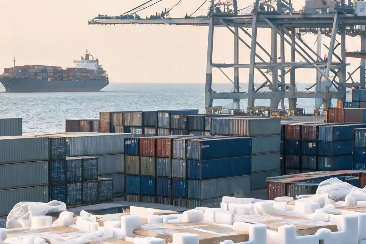 International shipping containers at port for foam products export logistics
