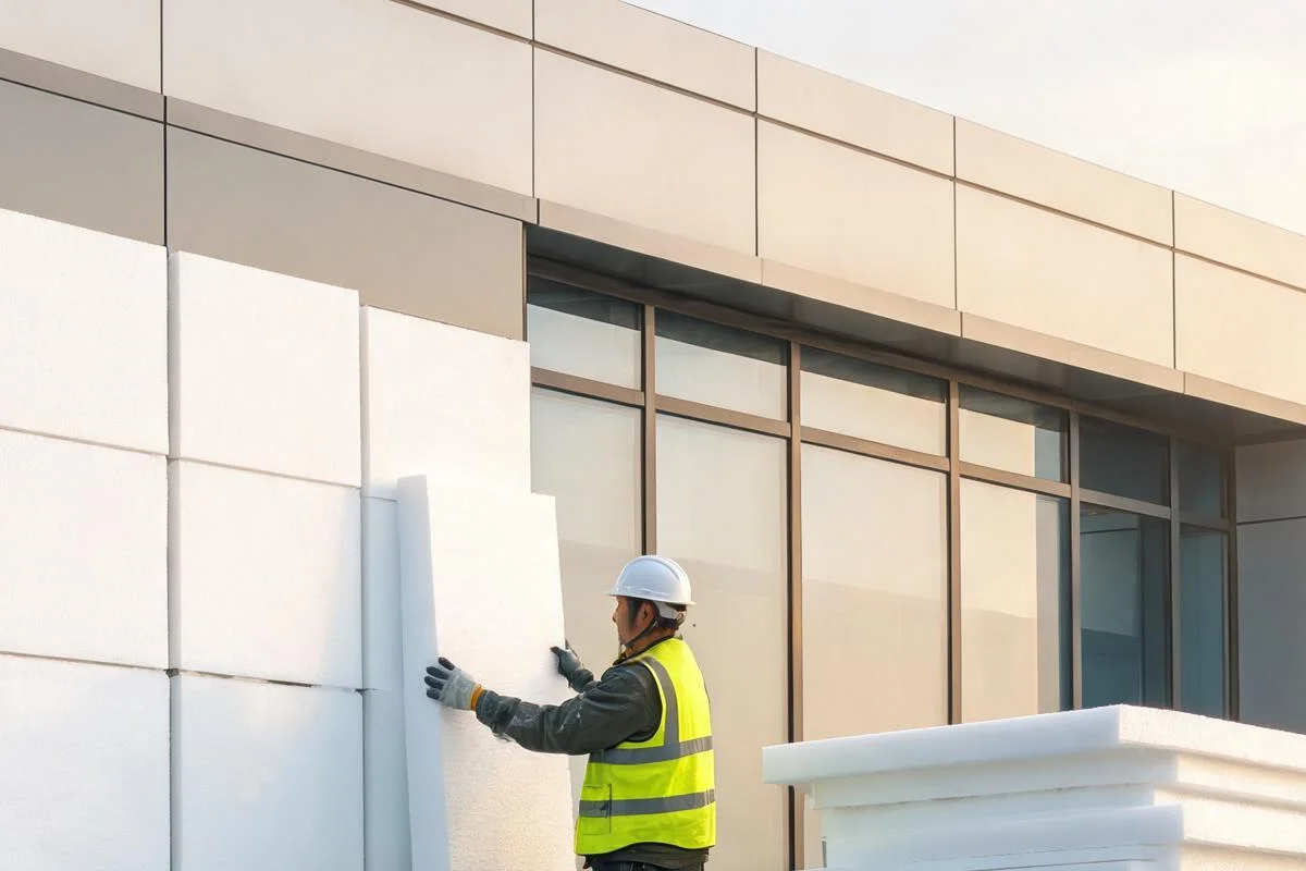 EPS foam insulation panels installation on building exterior walls construction site
