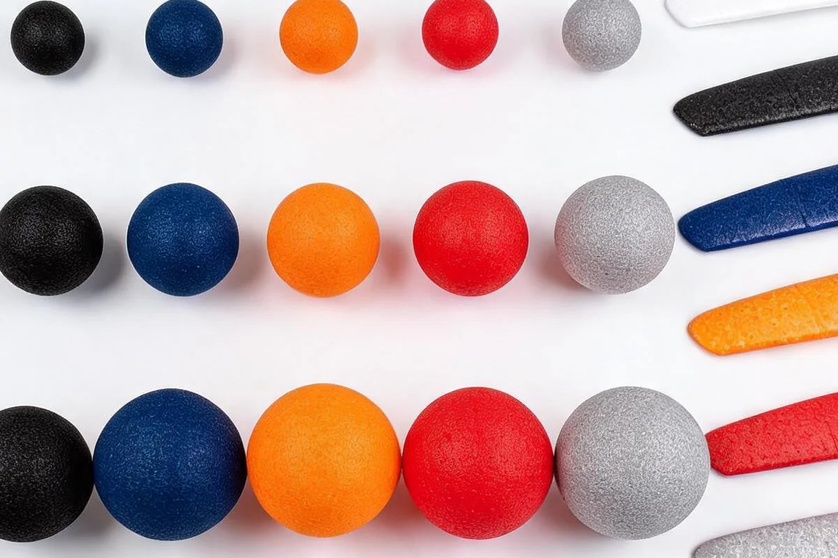 EPP expanded polypropylene foam products display including balls and model parts