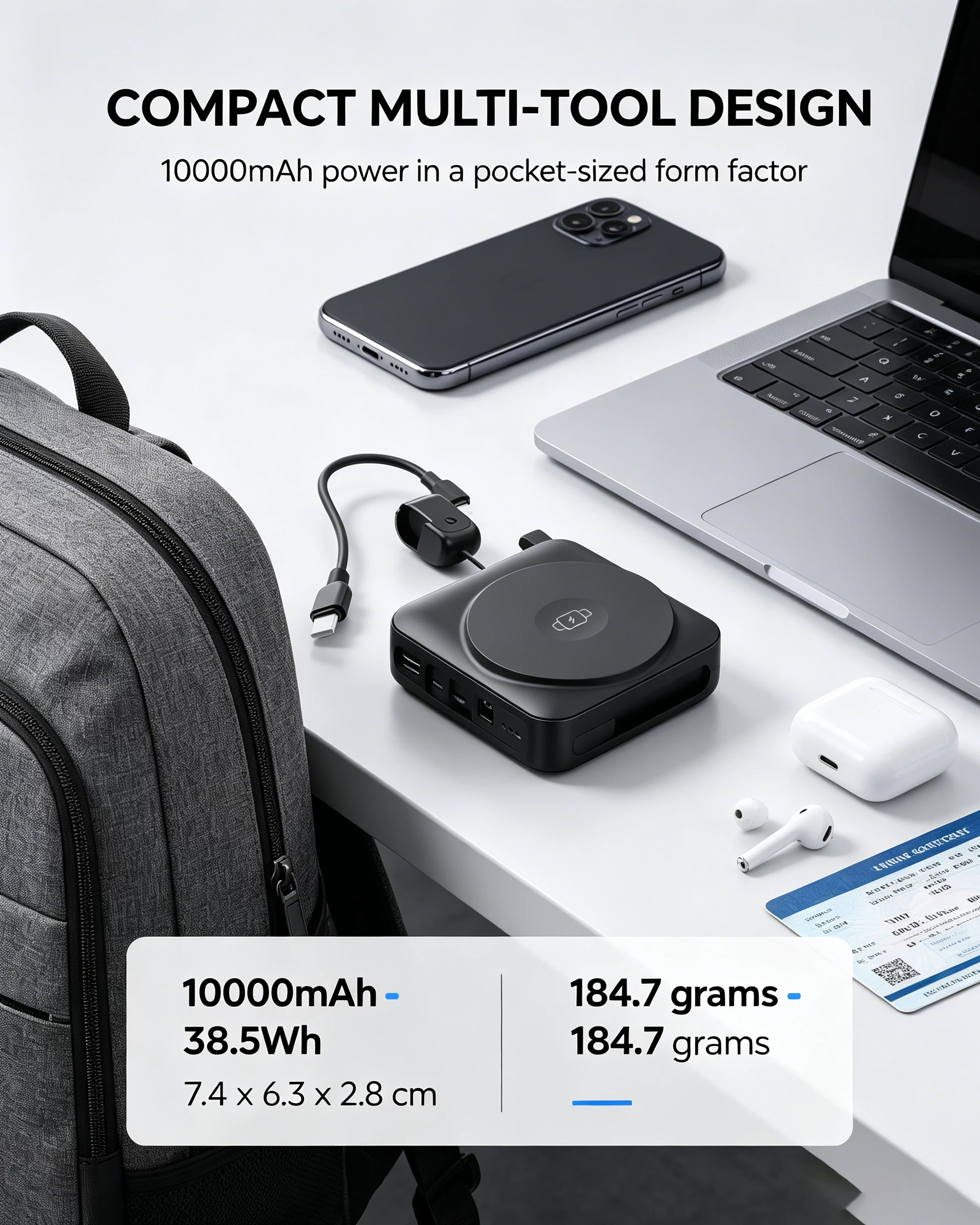 20W PD XS Multi-Tool Magnetic Wireless Charger
10000mAh with Integrated Charging Cables