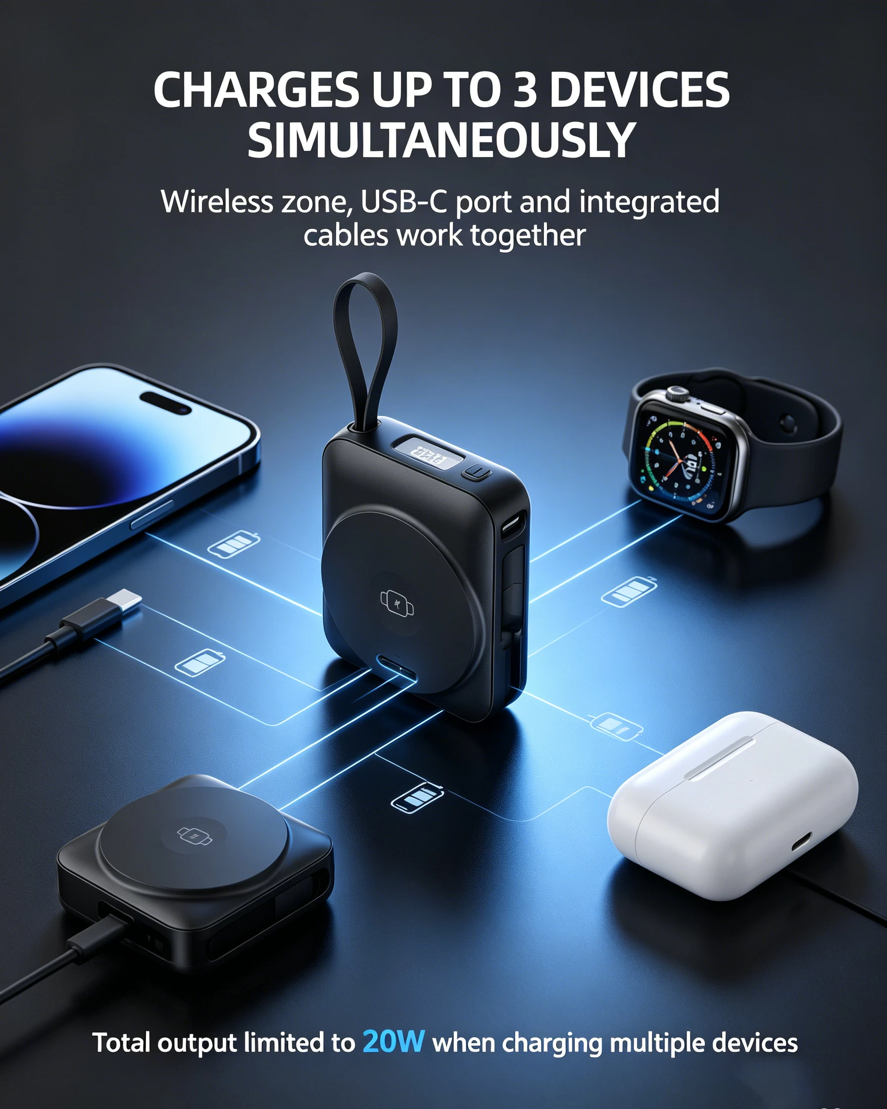 20W PD XS Multi-Tool Magnetic Wireless Charger
10000mAh with Integrated Charging Cables