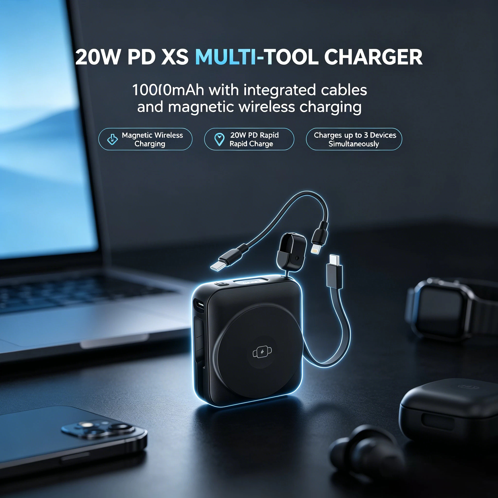 20W PD XS Multi-Tool Magnetic Wireless Charger
10000mAh with Integrated Charging Cables
