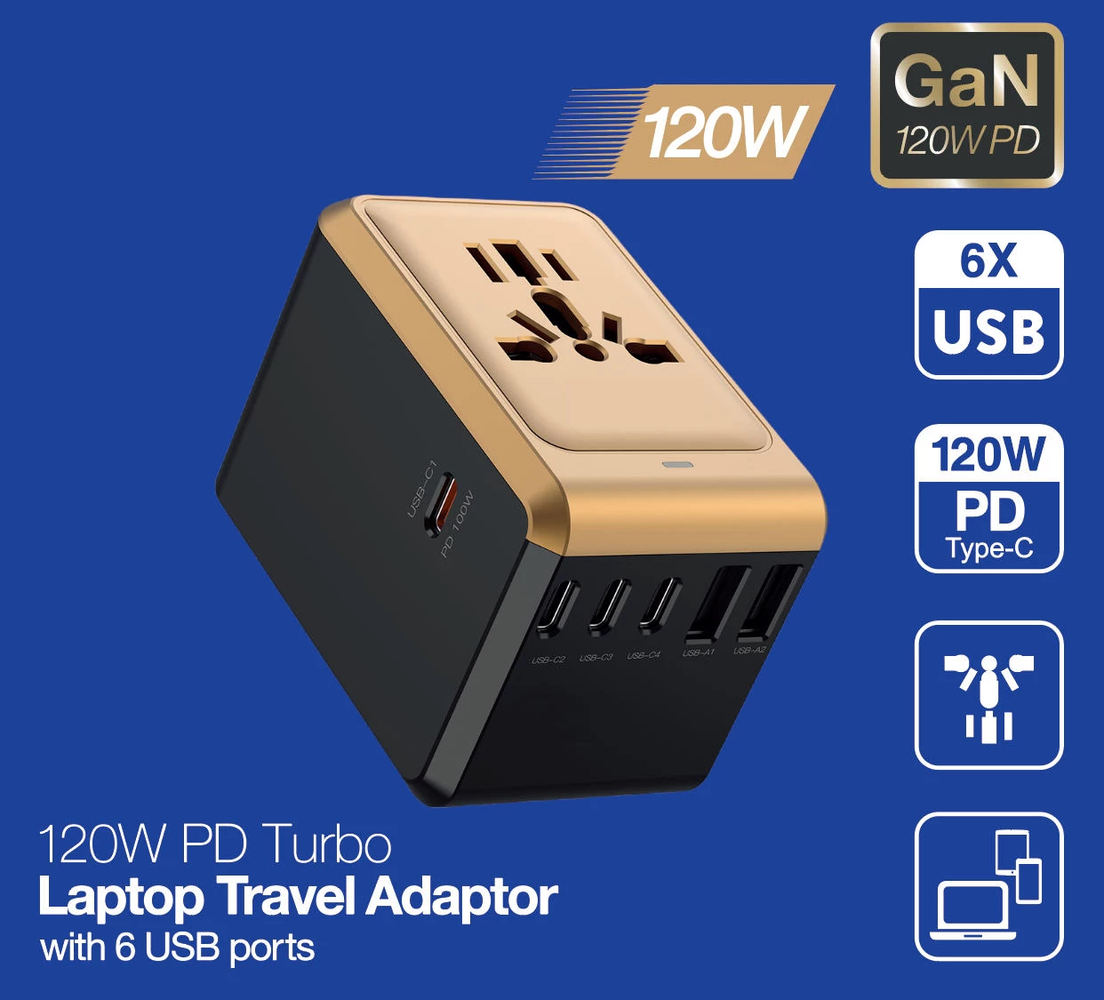 120W PD TurboLaptop Travel Adaptorwith 6 USB ports - GS26634