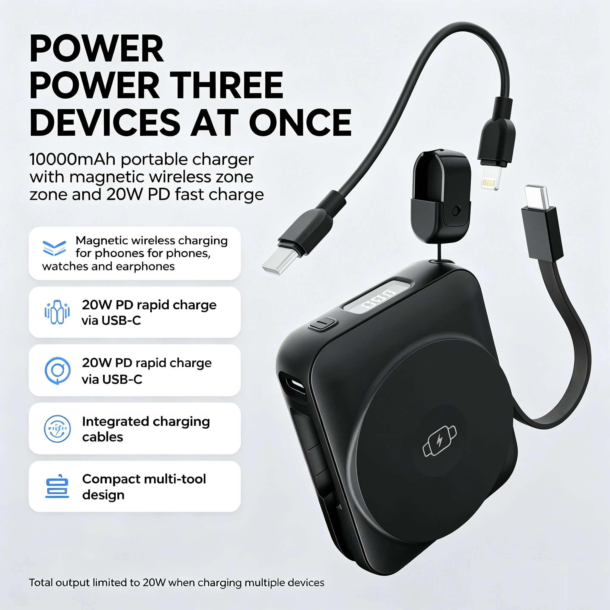 20W PD XS Multi-Tool Magnetic Wireless Charger
10000mAh with Integrated Charging Cables