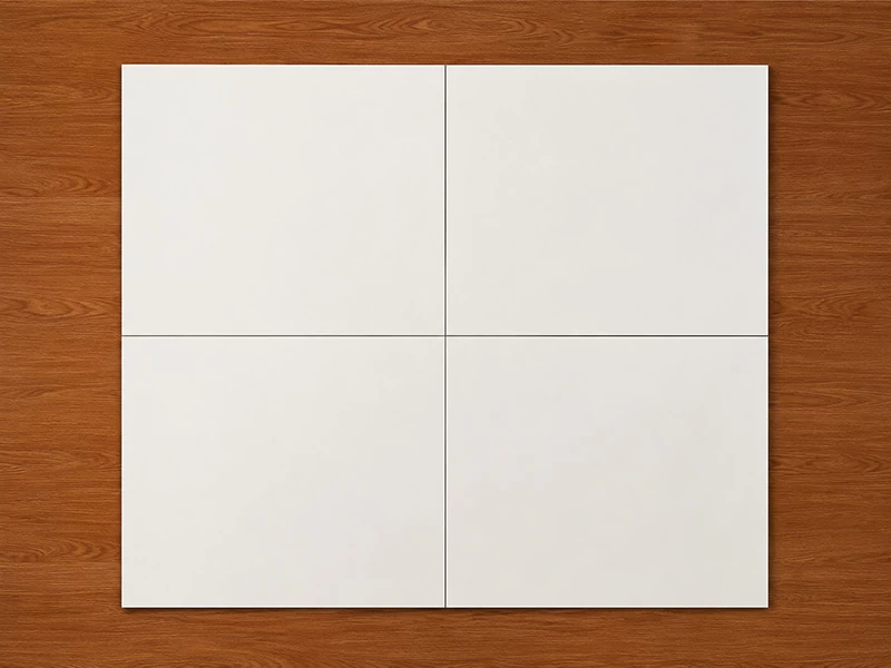Four white square aluminum ceiling panels arranged on a wood surface