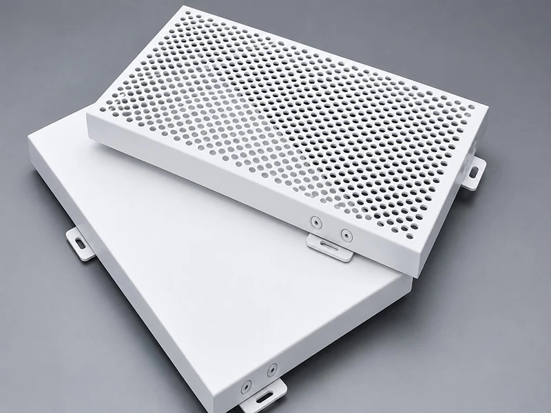 White solid and round-hole perforated aluminum panel samples with folded edges