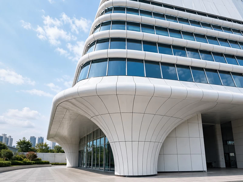 Double-curved white aluminum panels flowing around a glazed building entrance