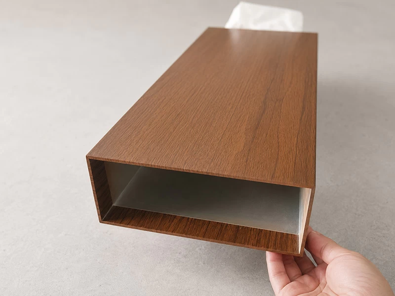 Close-up of a wood-grain rectangular hollow aluminum tube profile