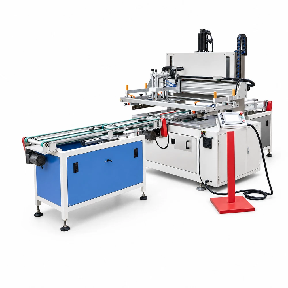 YCS automatic screen printing machine with infeed conveyor and control pedestal