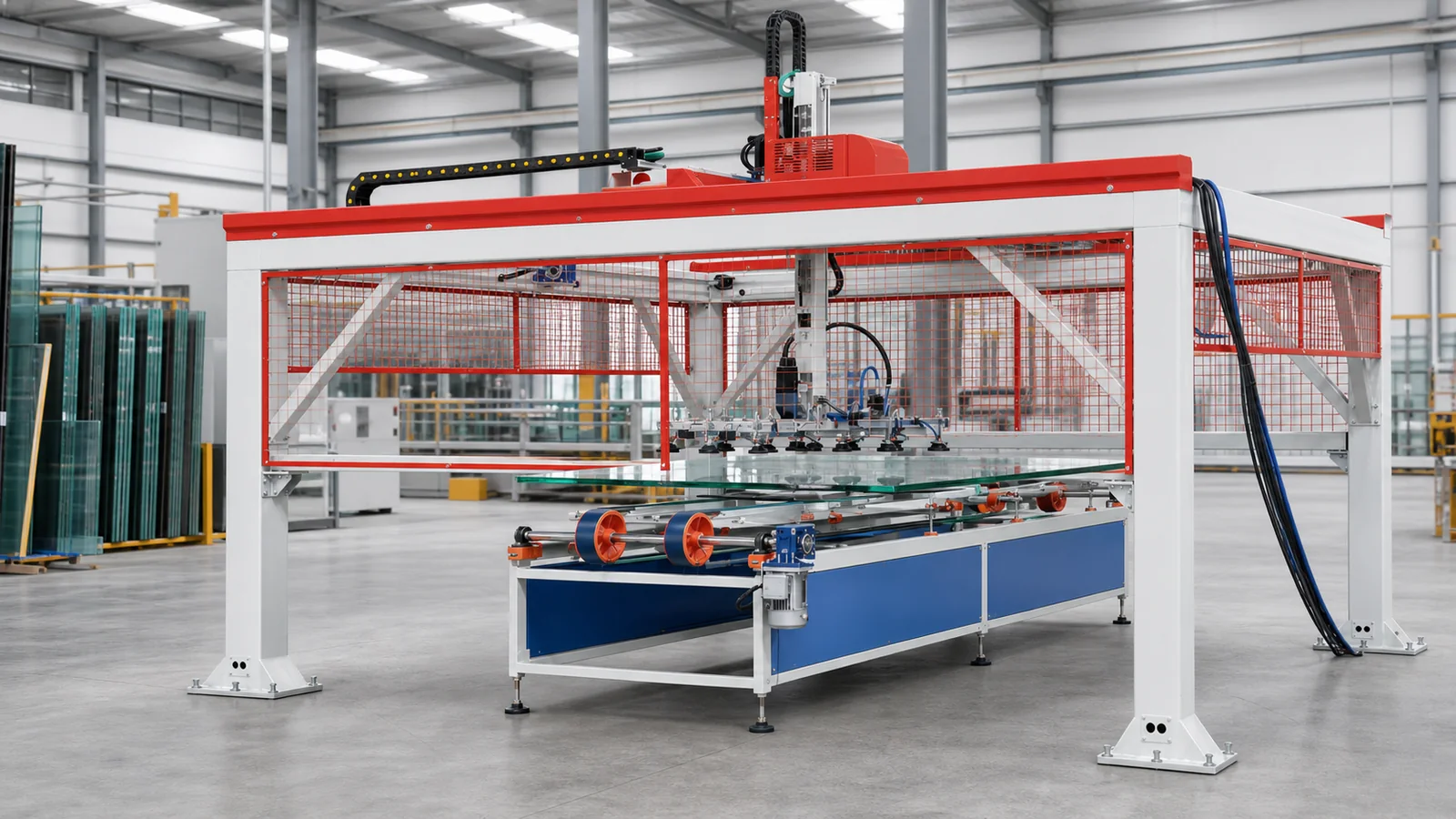 Gantry glass handling cell transferring panels between automated equipment