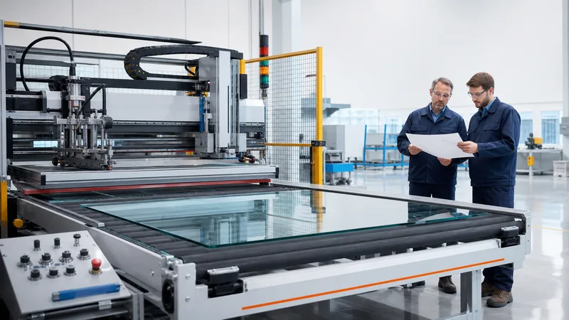 Engineers evaluating a guarded glass screen printing machine