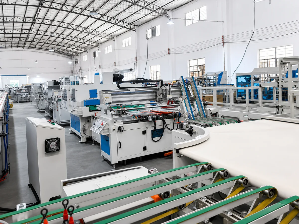 Glass printing line equipment aligned inside the YISEN assembly workshop