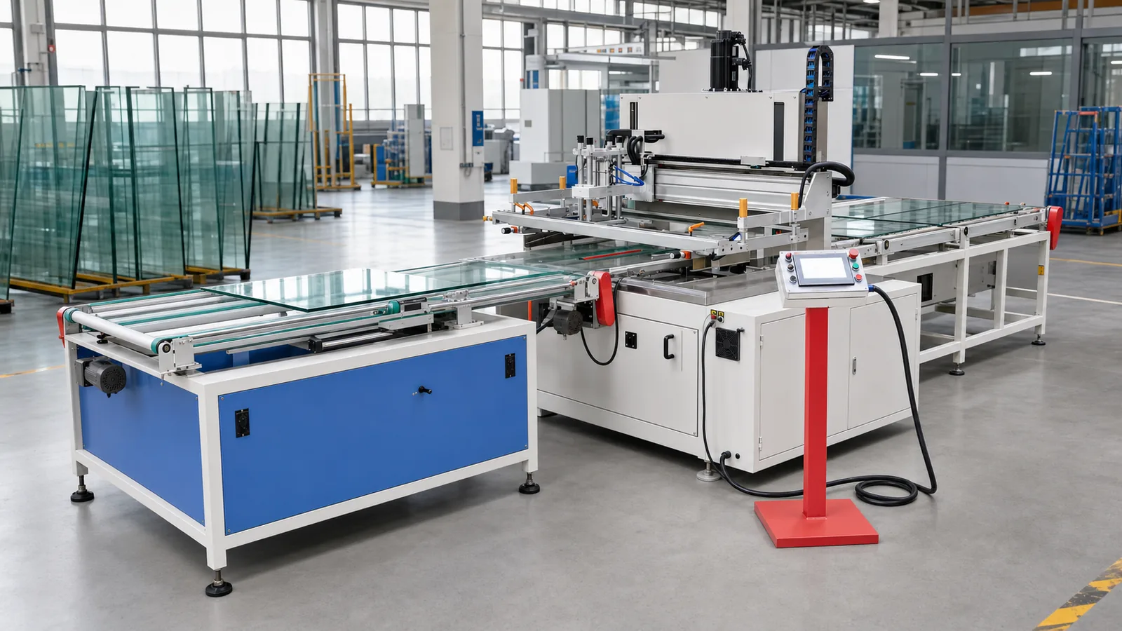 Automatic glass screen printing production line with connected process modules