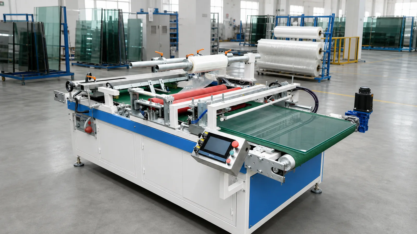Automatic protective film applicator laminating a flat glass panel