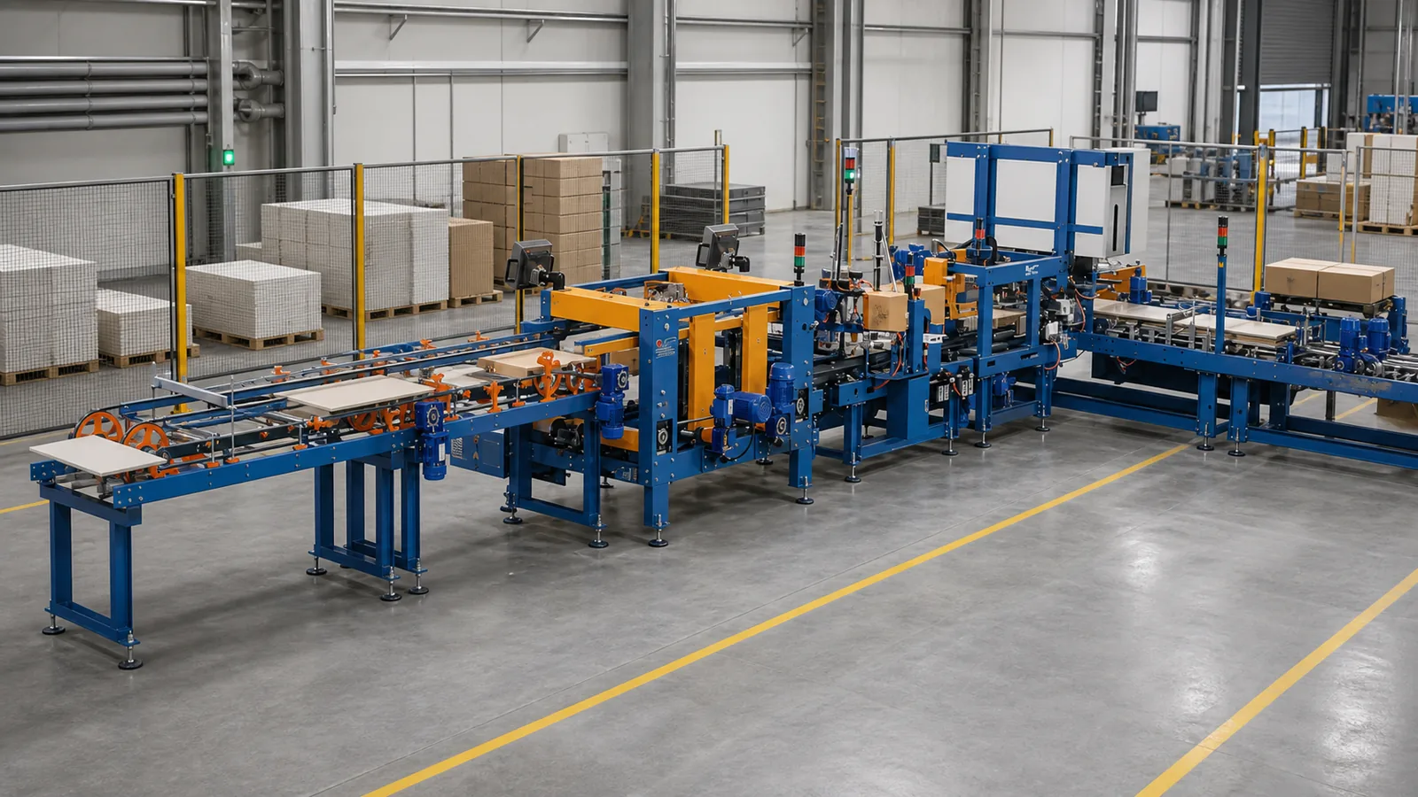Ceramic tile packaging production line with cartoning and sealing modules