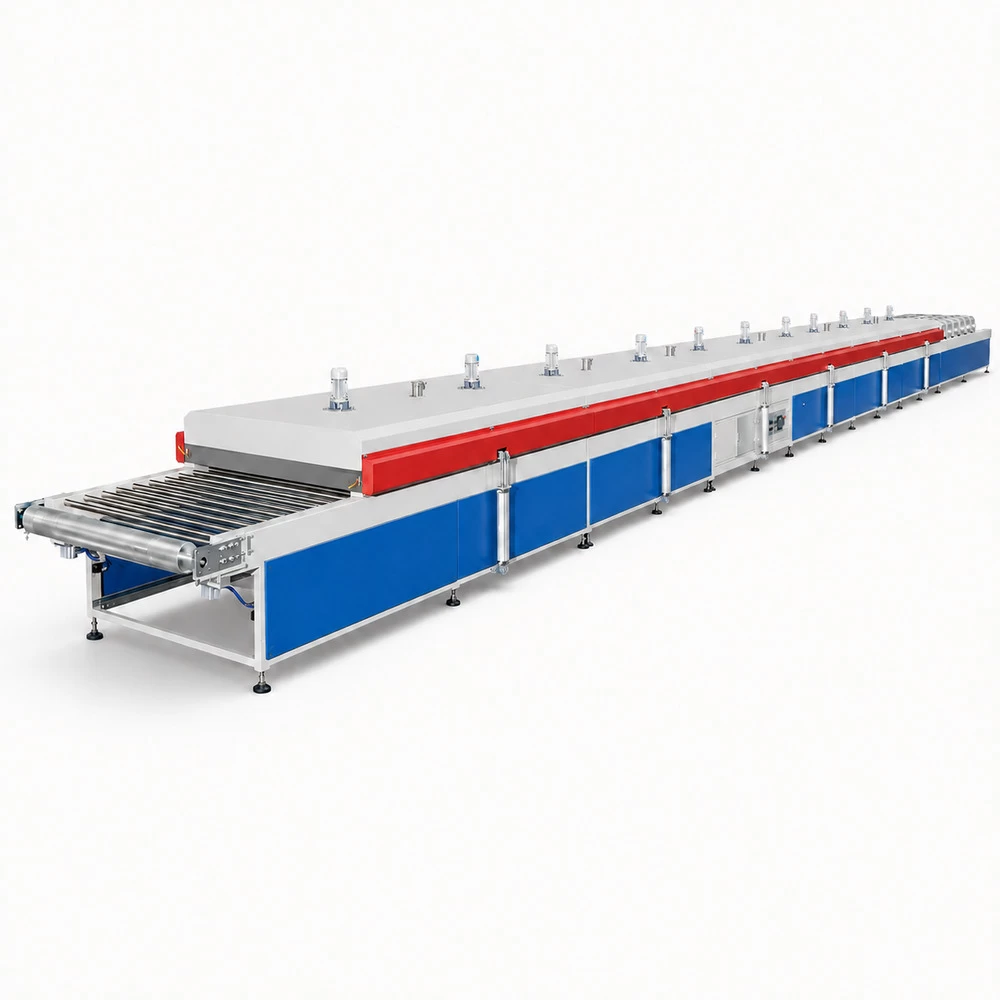 Industrial tunnel drying furnace with conveyor for printed glass panels