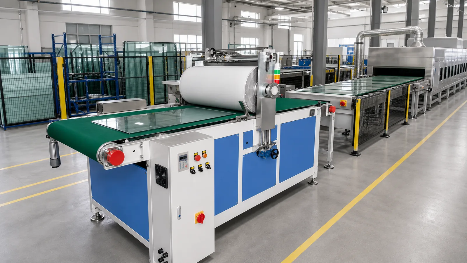 Glass roller printing machine feeding panels toward an industrial dryer