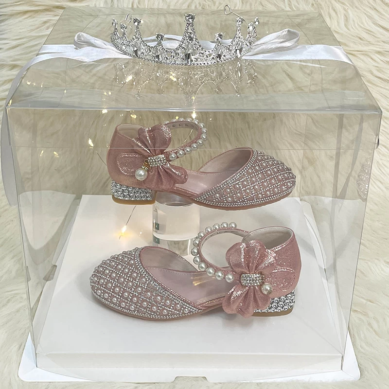 Girls Pearl Rhinestone Bow Low Heel Princess Backless Sandals