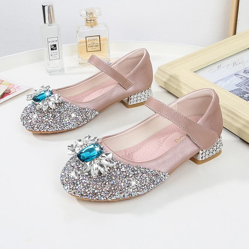 Girls Frozen Blue Gem Rhinestone Satin Mary Jane Low Heel Shoes