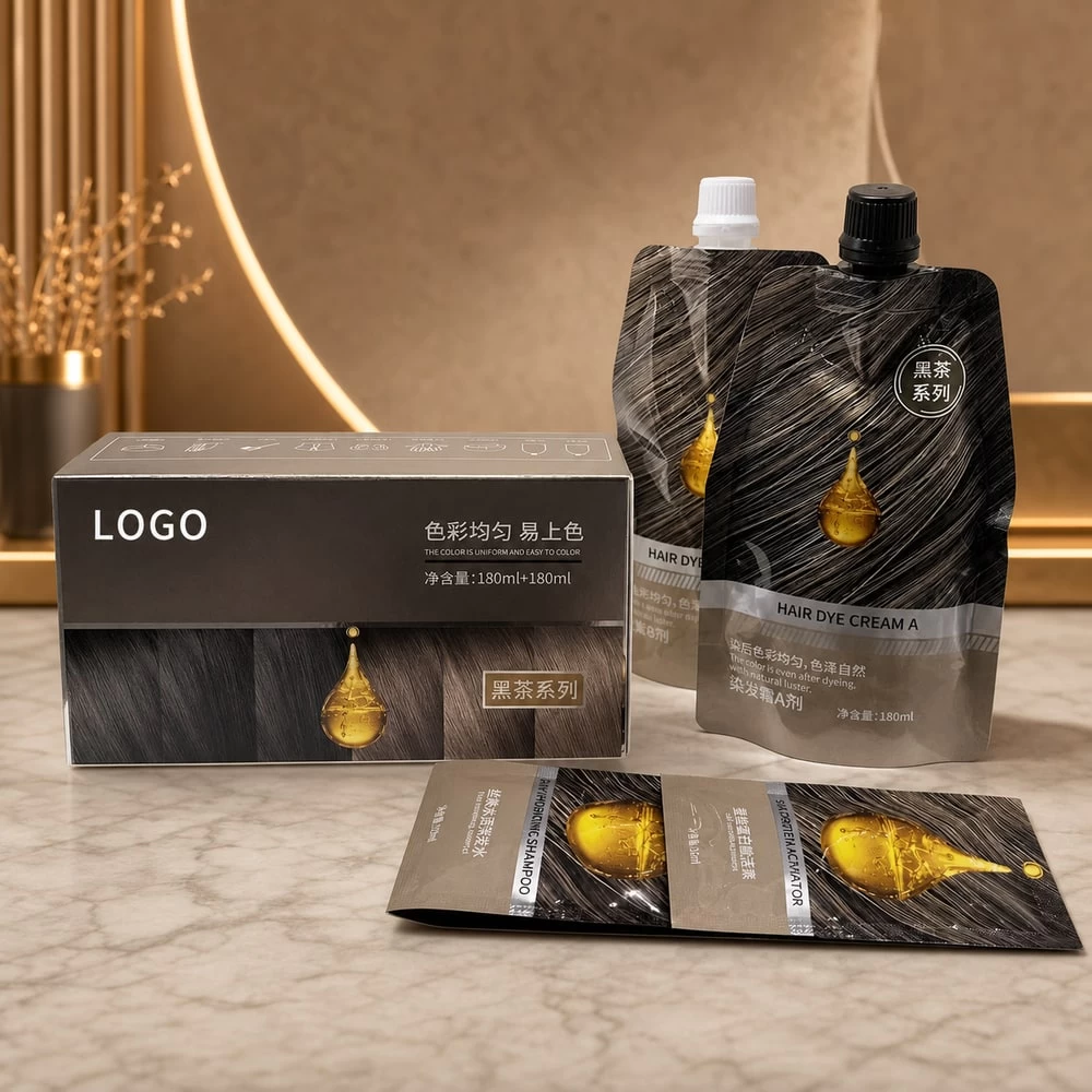 Professional hair color cream pouches beside black carton