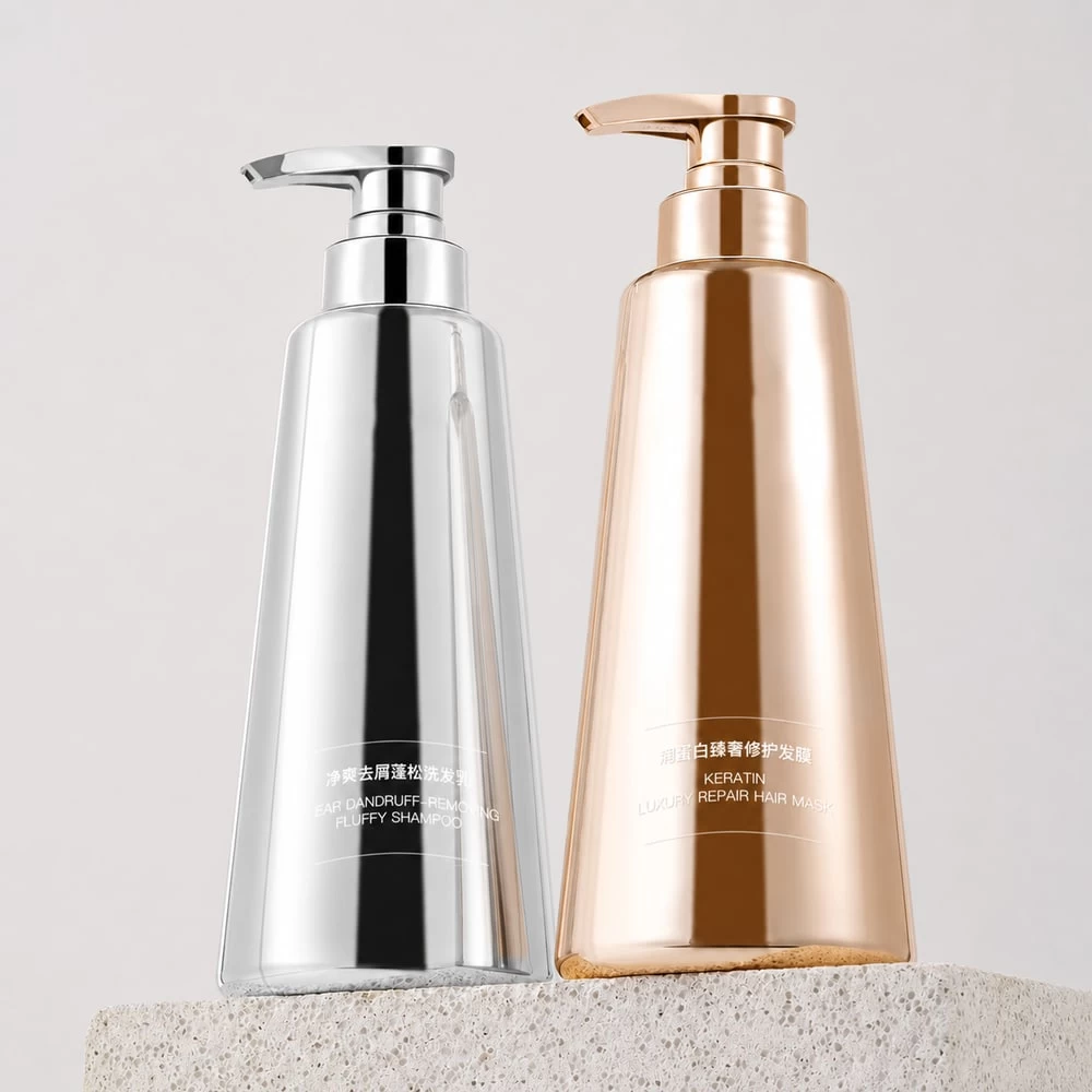Silver and copper botanical shampoo pump bottles