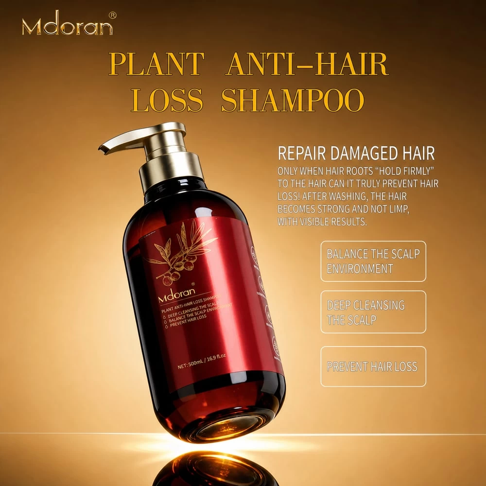Red botanical oil control shampoo pump bottle on dark background