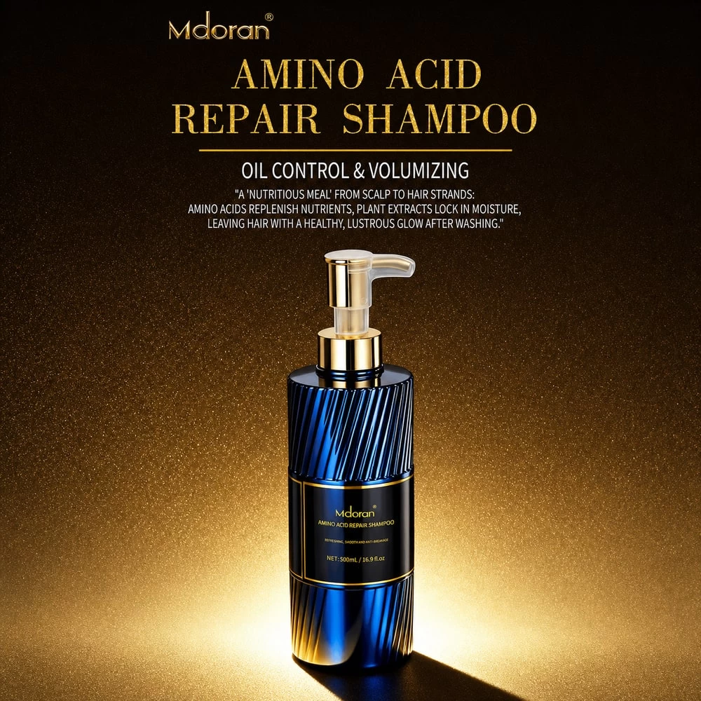 Dark scalp care shampoo bottle against gold presentation background
