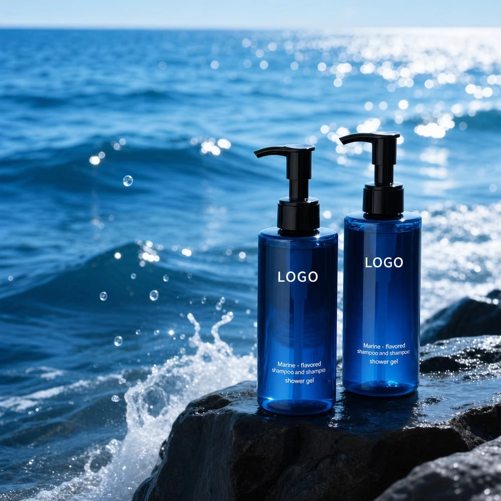 Dark blue keratin treatment pump bottles beside ocean water