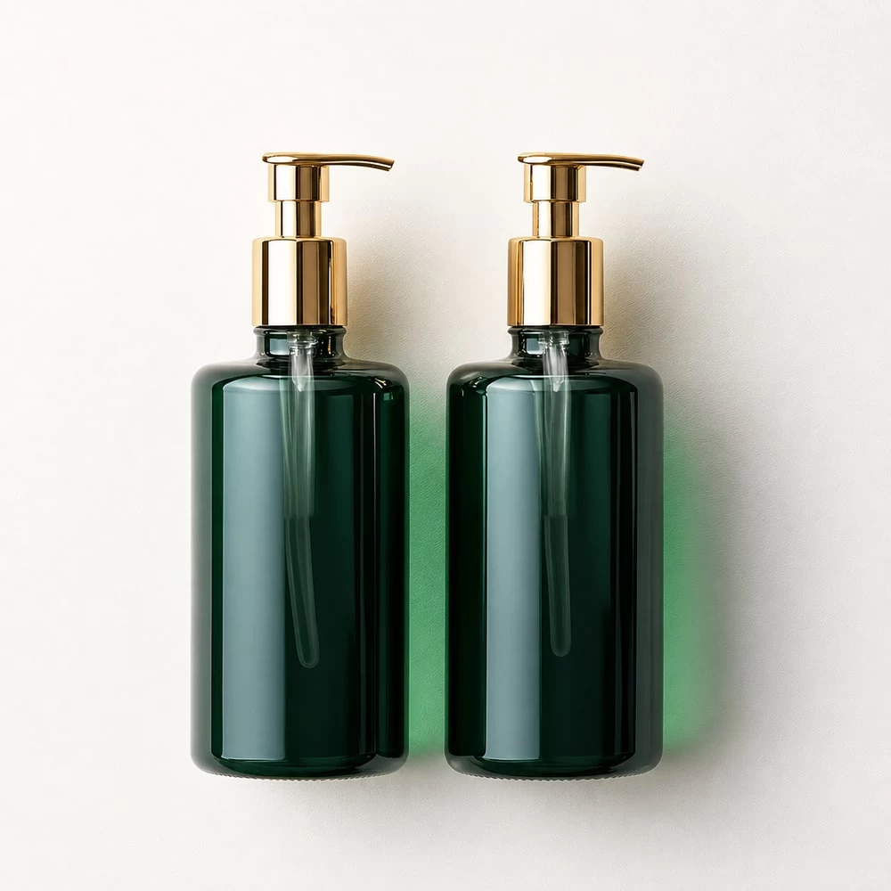 Dark green hair protein treatment pump bottles with gold pumps