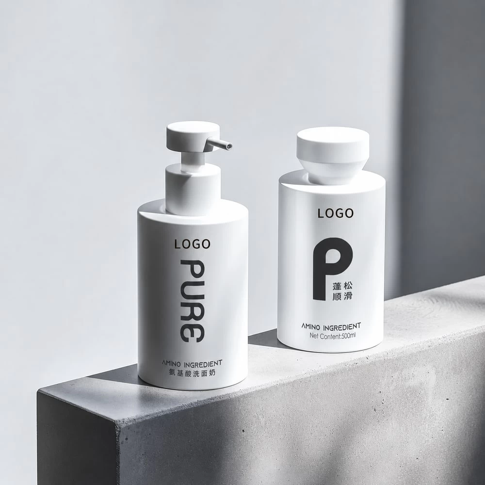 White leave in protein essence pump bottles on gray pedestal