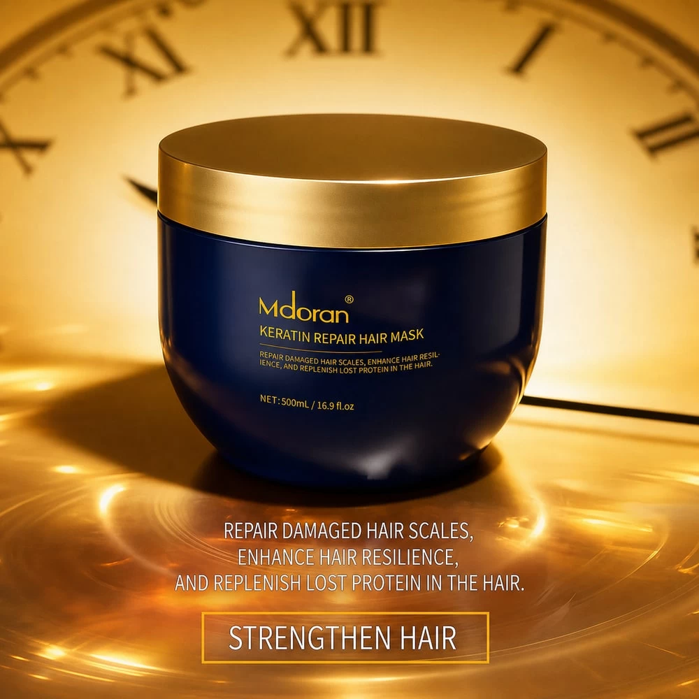 Navy keratin repair hair mask jar with gold lid