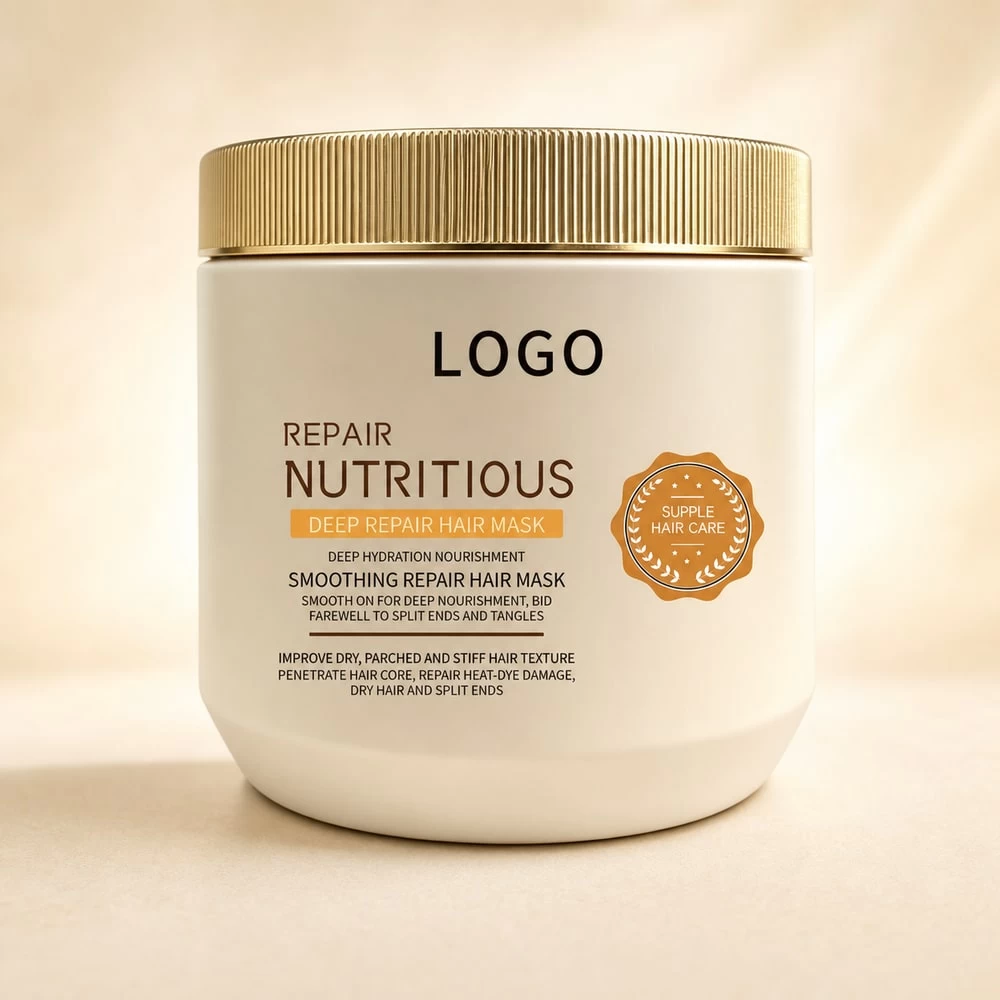 Cream smoothing hair mask jar with metallic ribbed lid