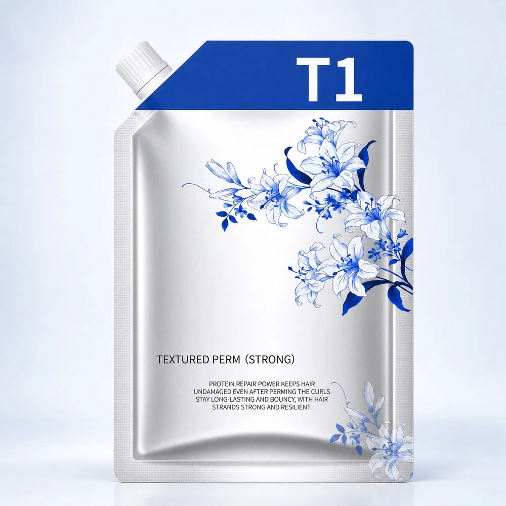 Blue floral botanical protein perm cream refill pouch
