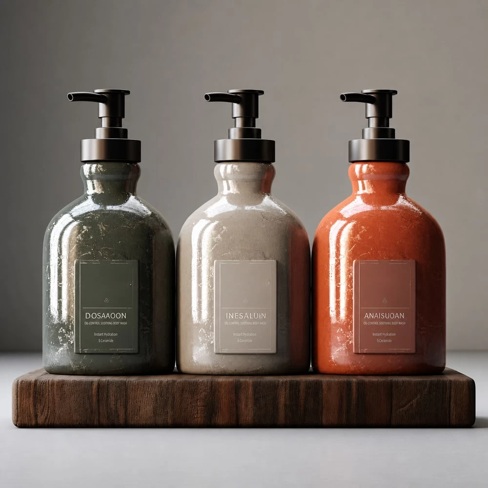 Black stone and orange oil control body wash bottles