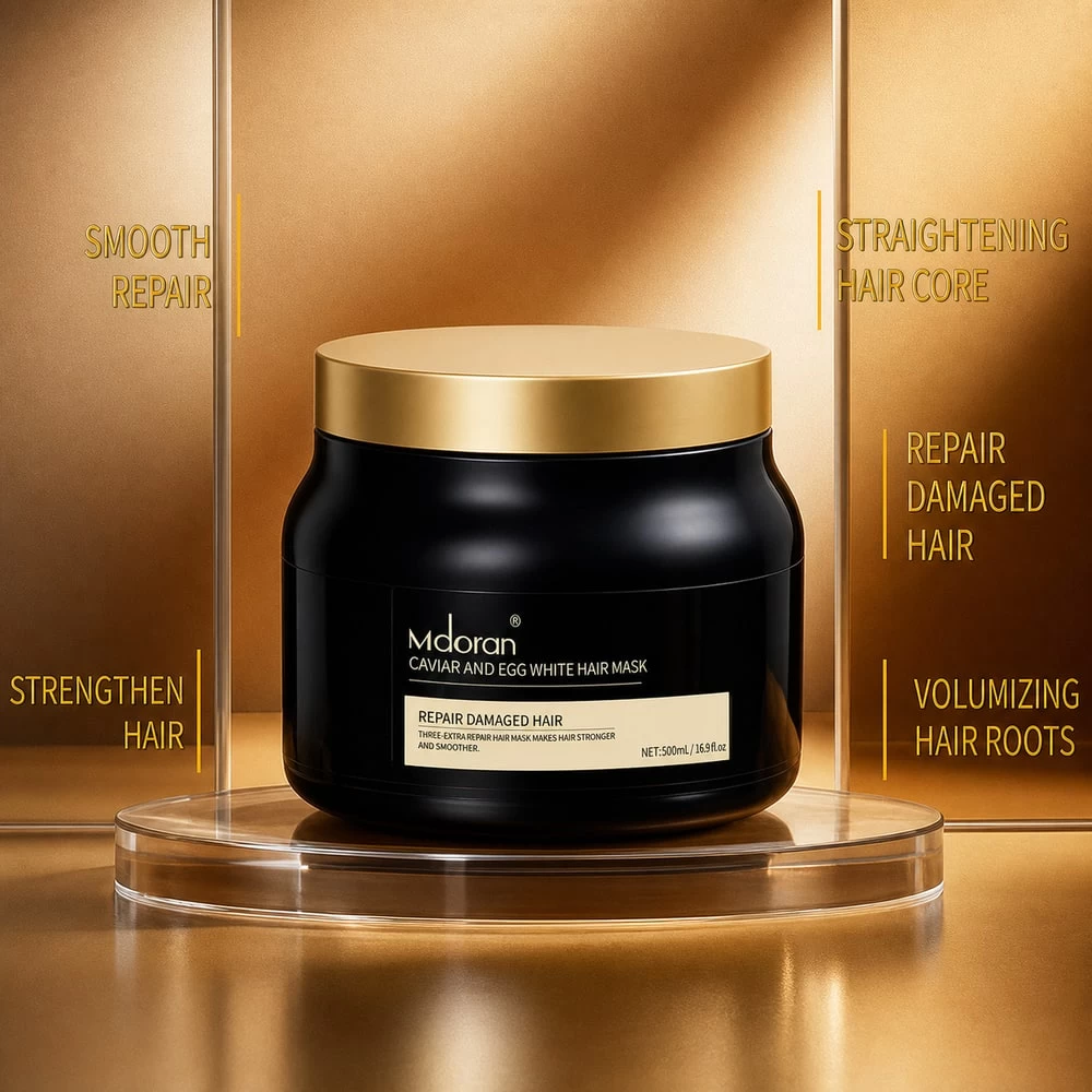Black caviar hair mask jar with gold accented cartons