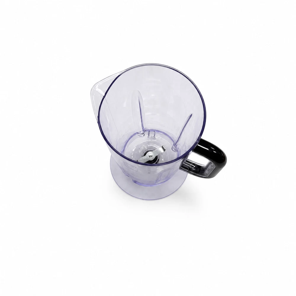 Transparent blender mixing cup with black handle viewed from above