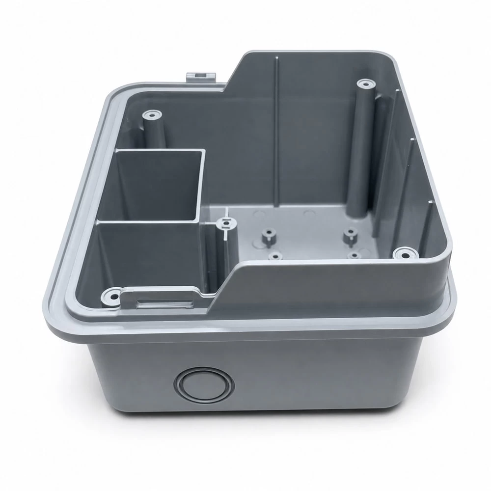 Rear enclosure body with molded partitions and mounting features
