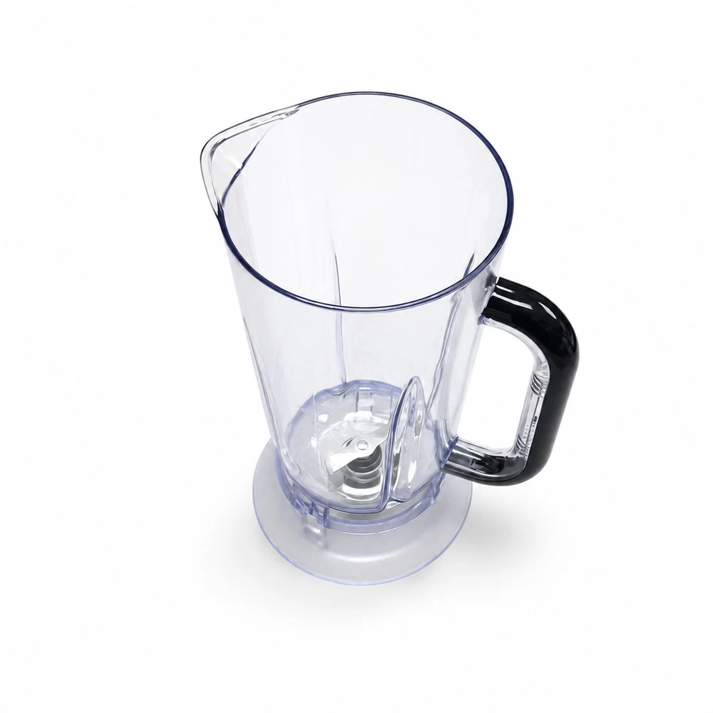 Side view of clear mixing cup body with black handle