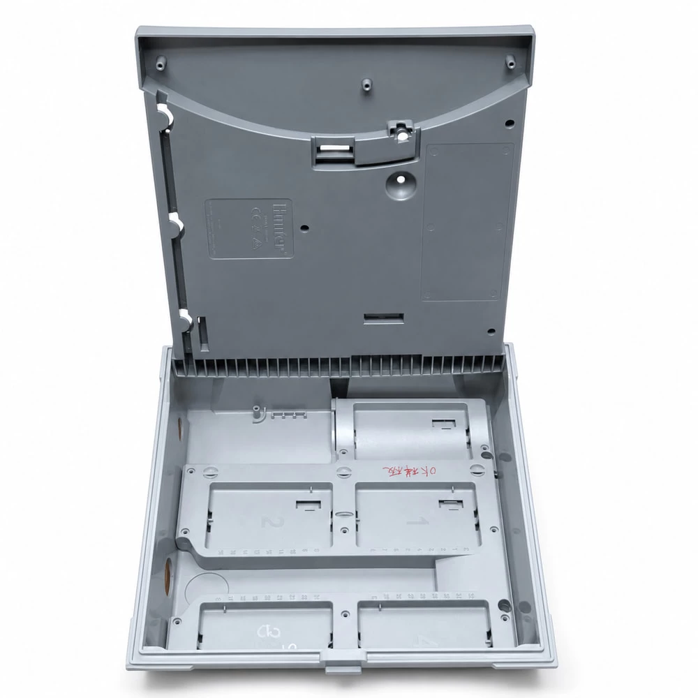 Open electrical control housing showing deep body and internal layout