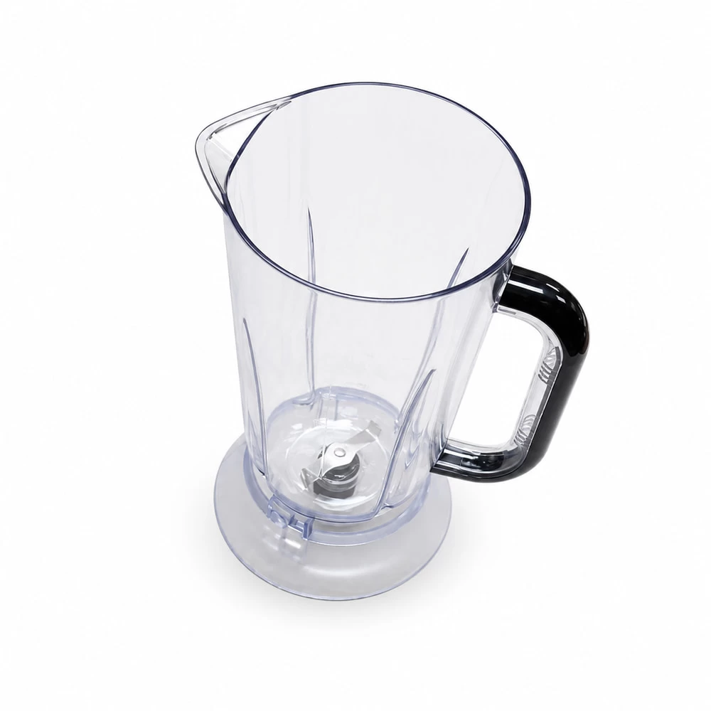 Injection molded transparent blender cup on white background