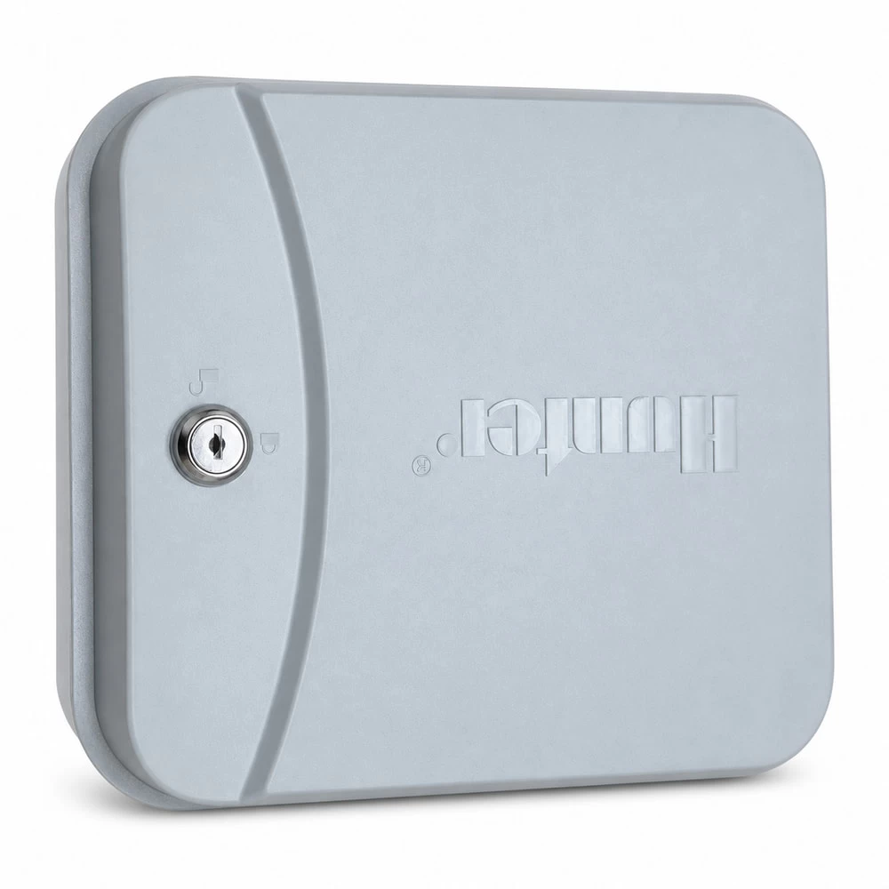 Closed gray plastic control box housing viewed from above