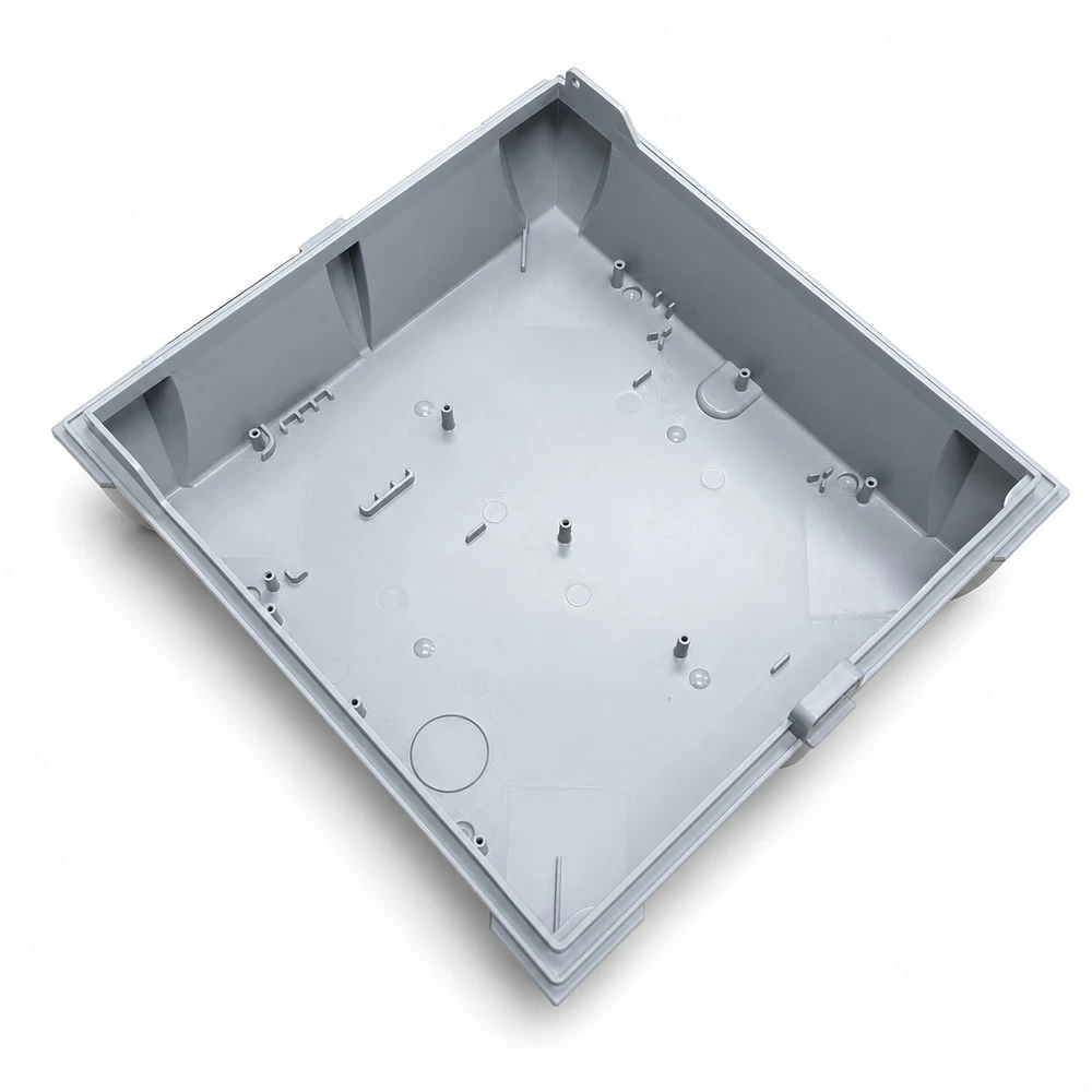 Rectangular injection molded enclosure base with deep side walls
