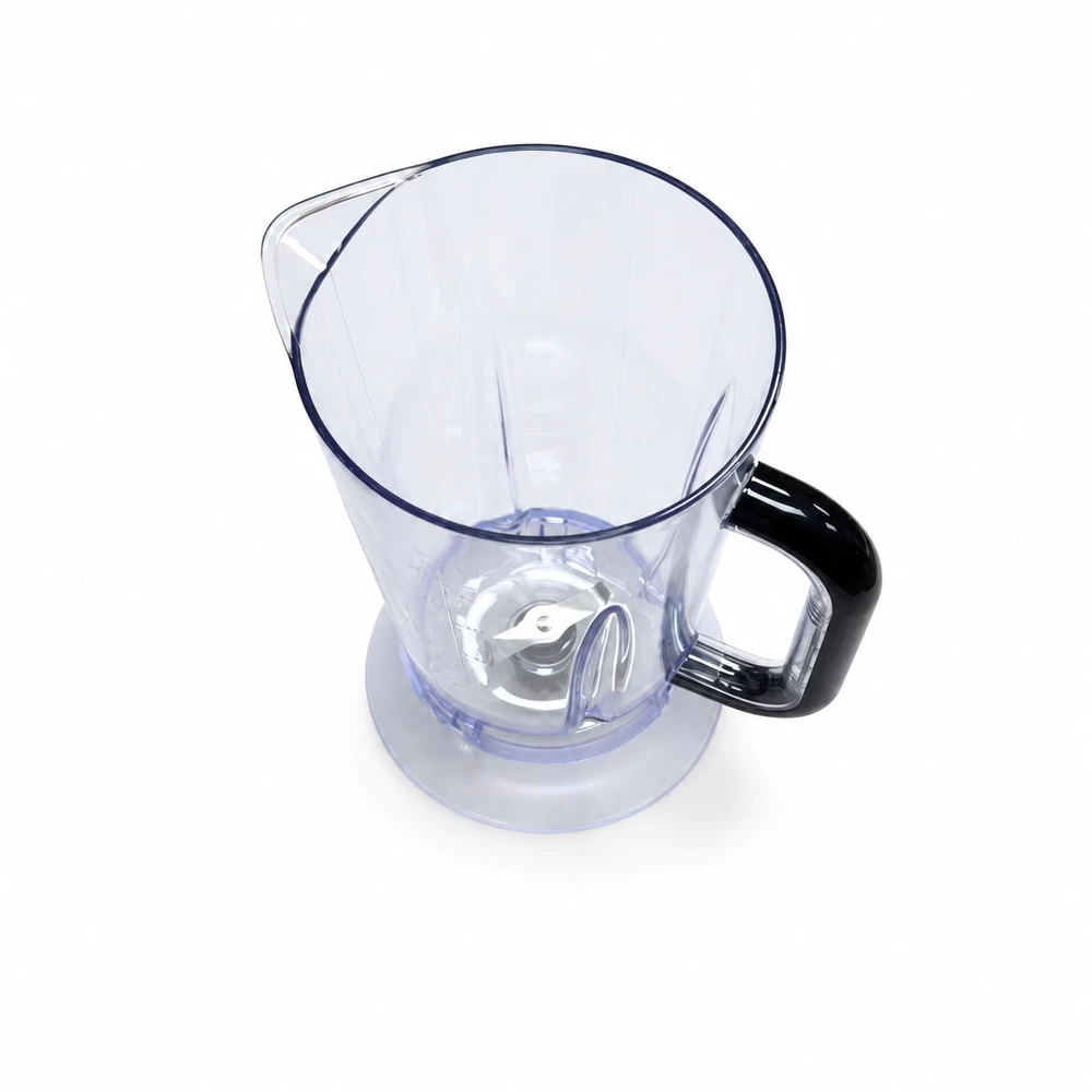 Custom transparent blender jar with molded handle and open rim