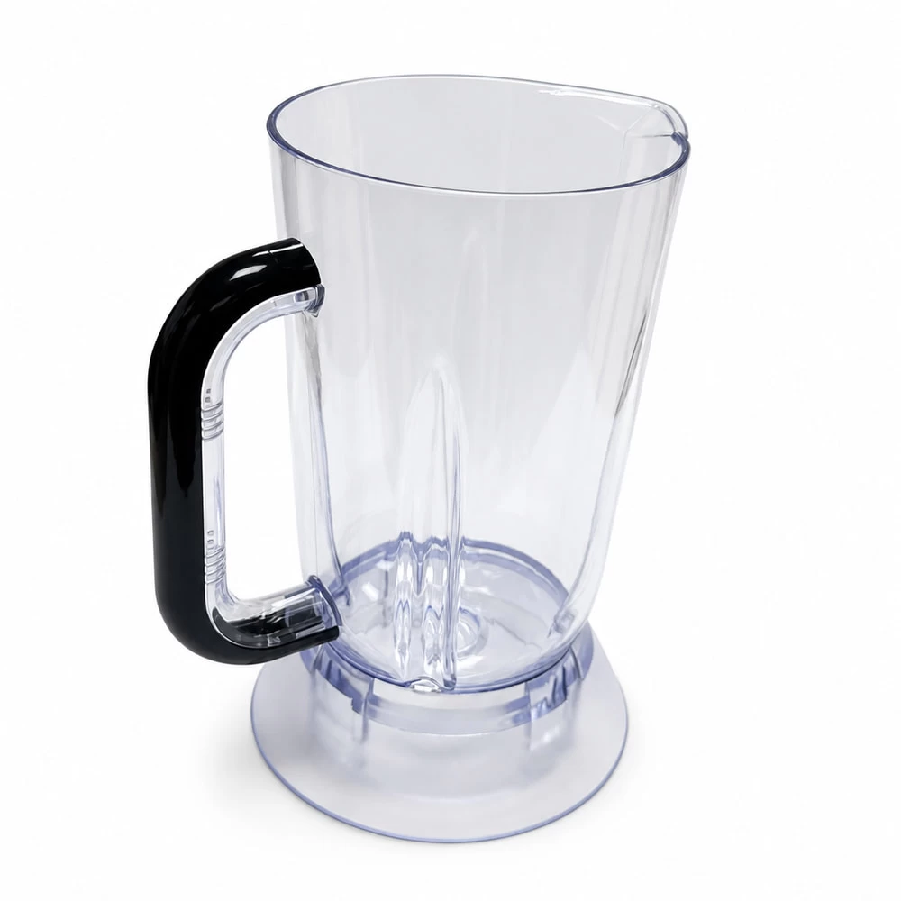 Transparent injection molded blender jar with integrated black handle