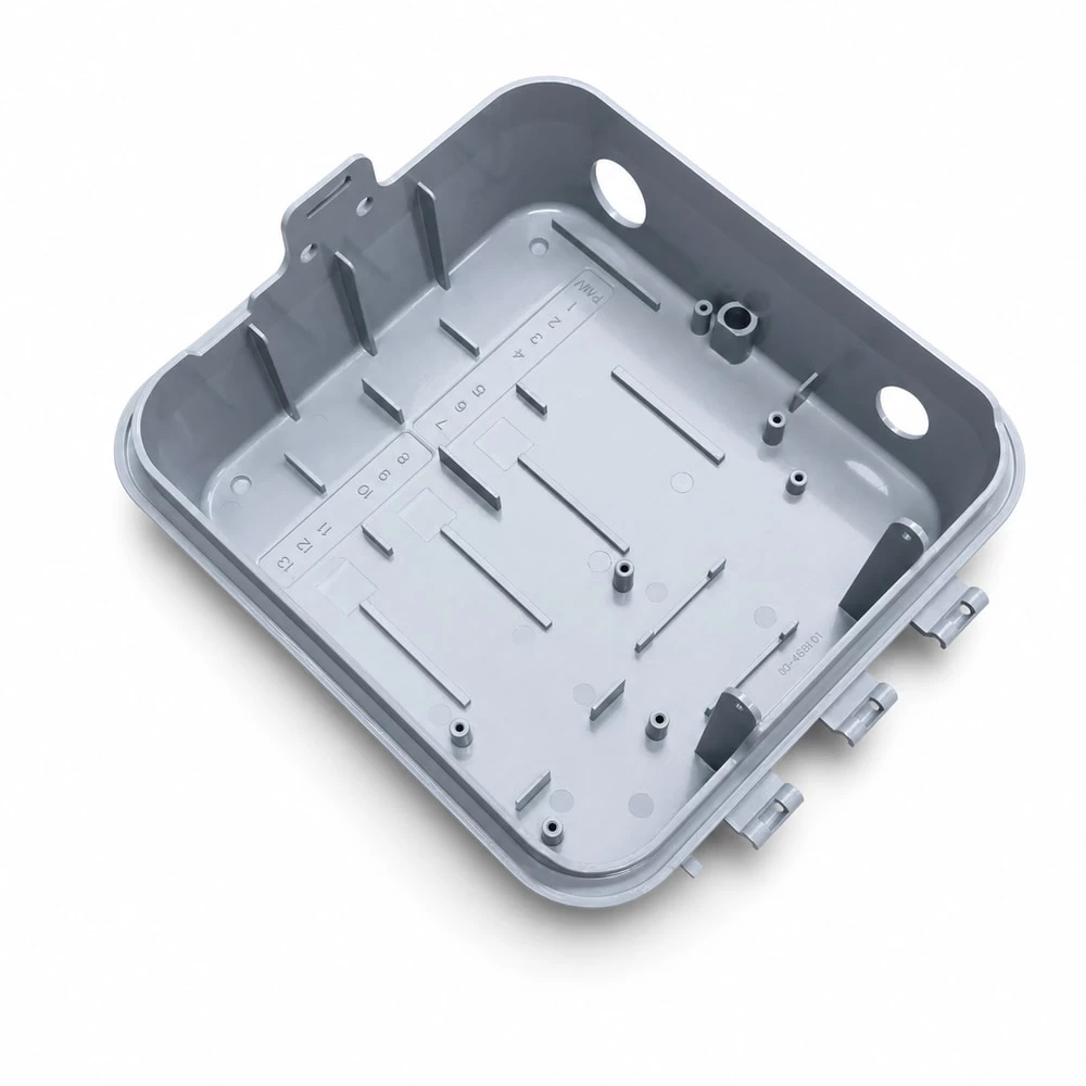 Open 911 enclosure base showing internal mounting features