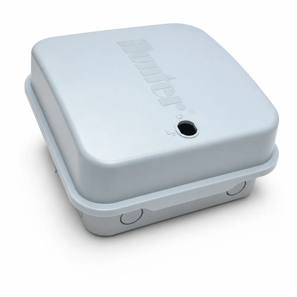 Rounded electrical control box cover in angled view