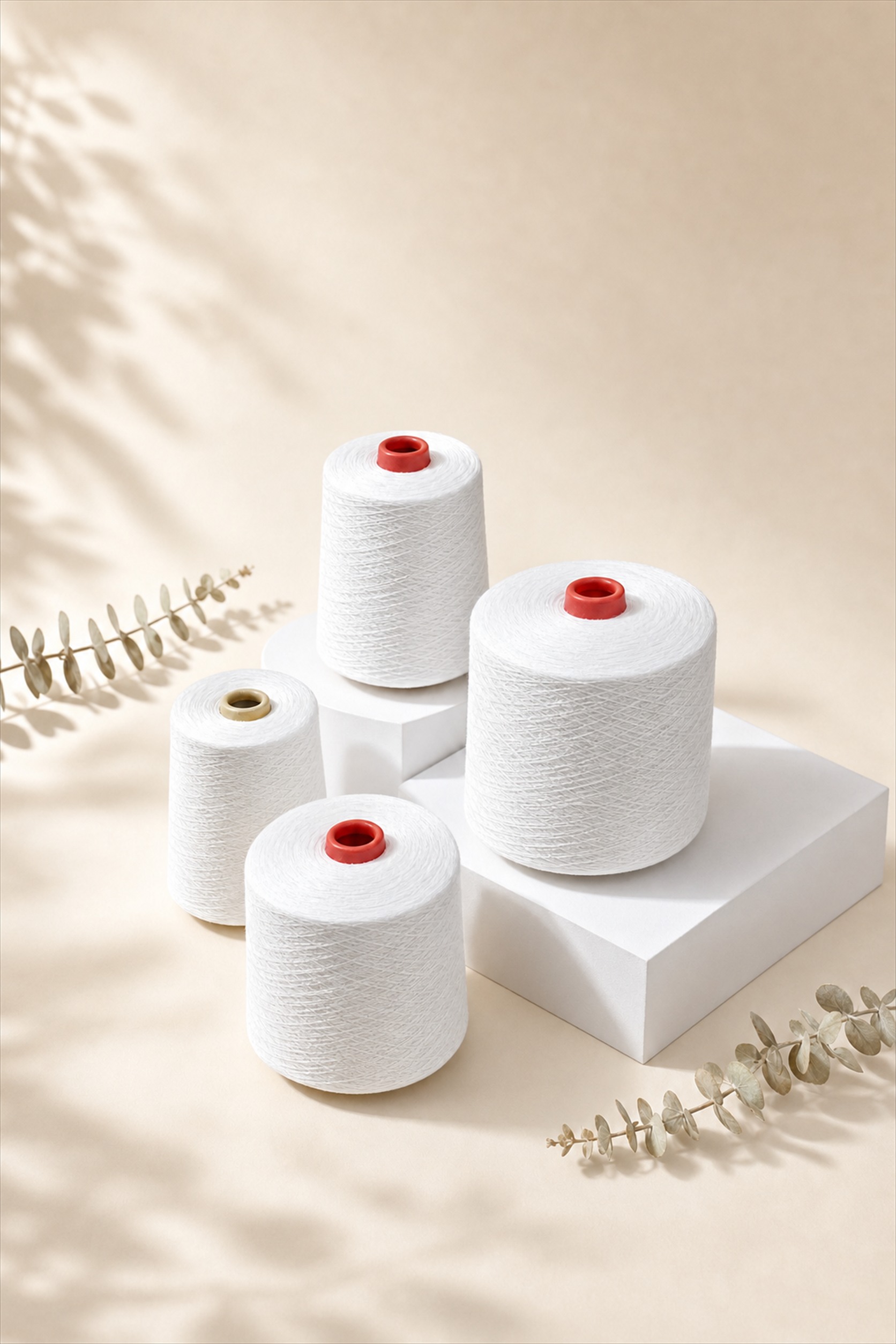 raw white greige polyester yarn cones on display blocks