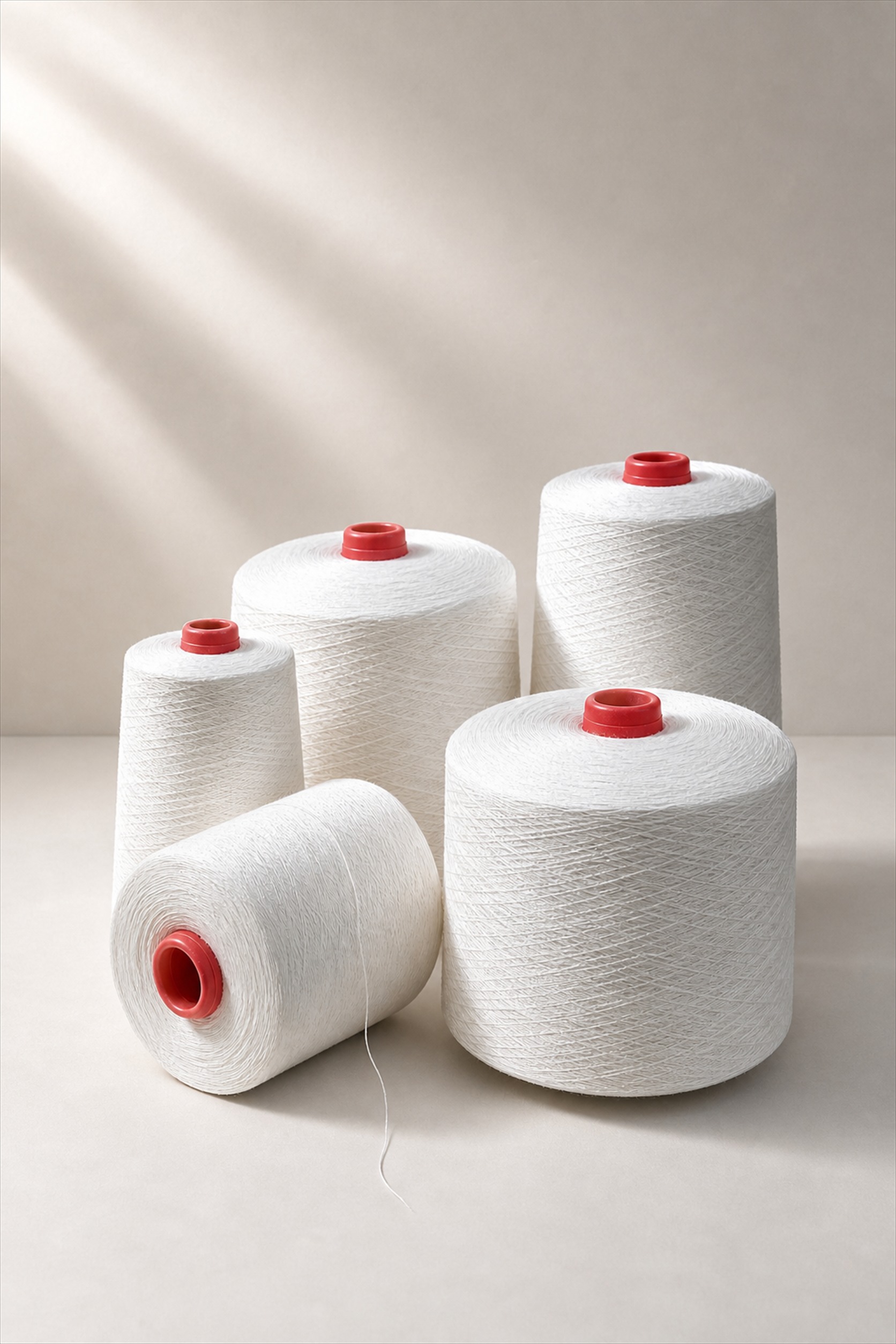 raw white greige polyester yarn cones with red cores
